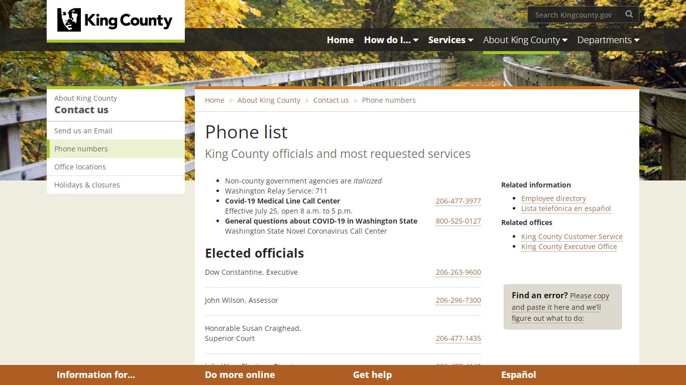 Phone list - King County - King County, Washington